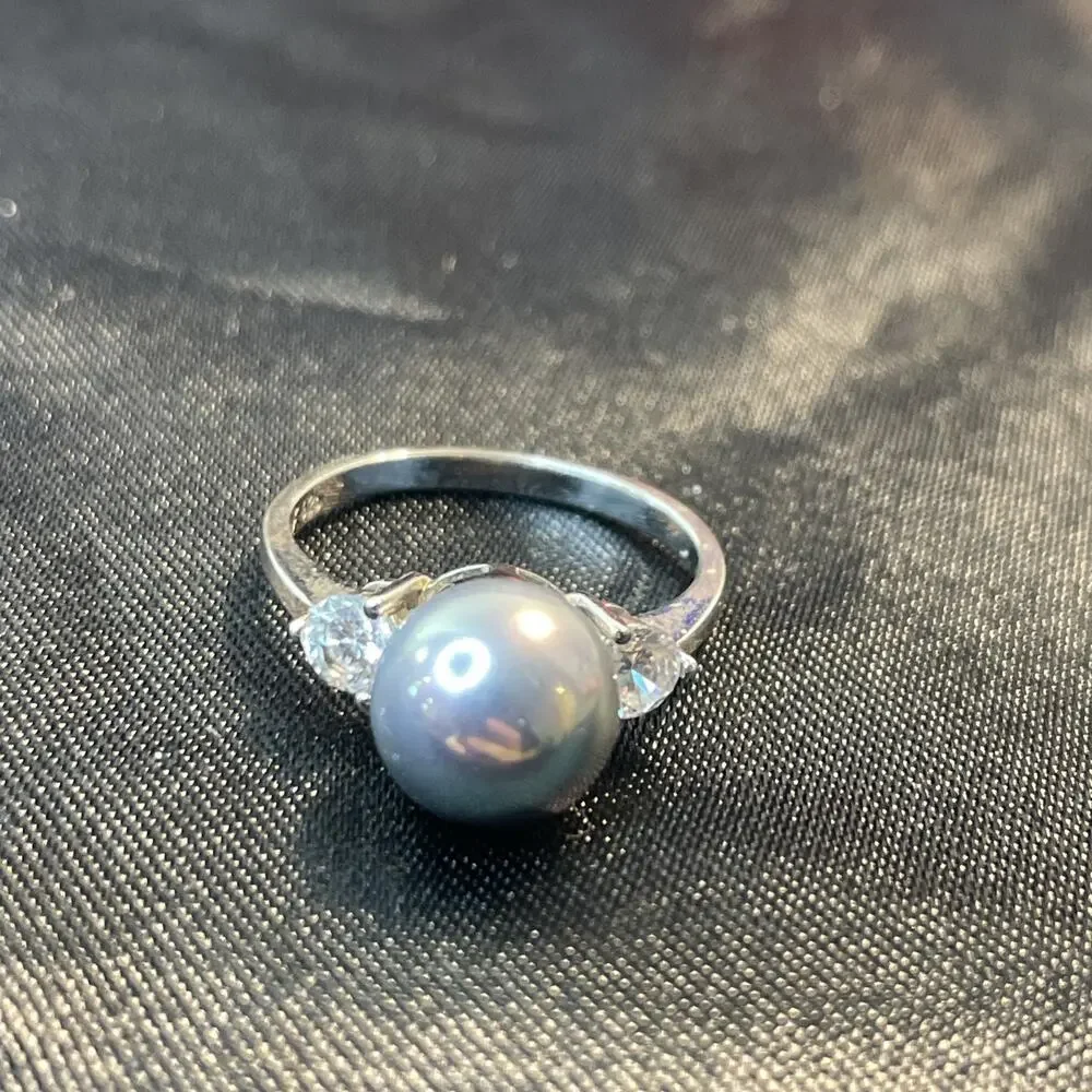 Authentic ZALES 925 Sterling Silver Gray Pearl Three Stone Ring Sz 7